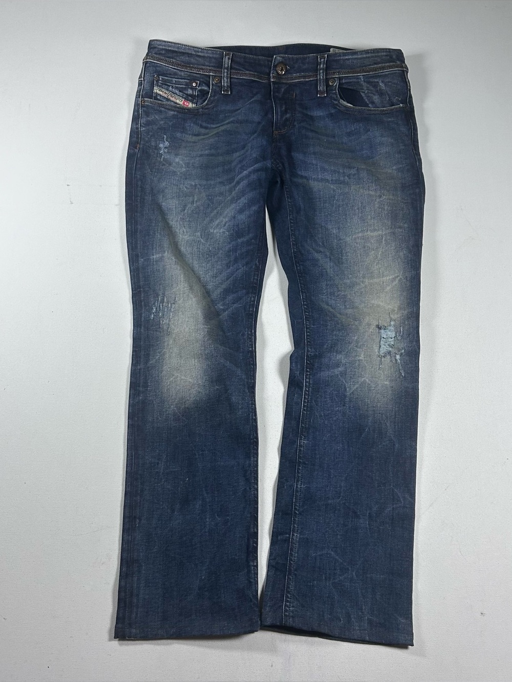 Diesel Jeans Mens Fits: 32x28 Blue Lowkey Regular Sim Straight Marbling Distress